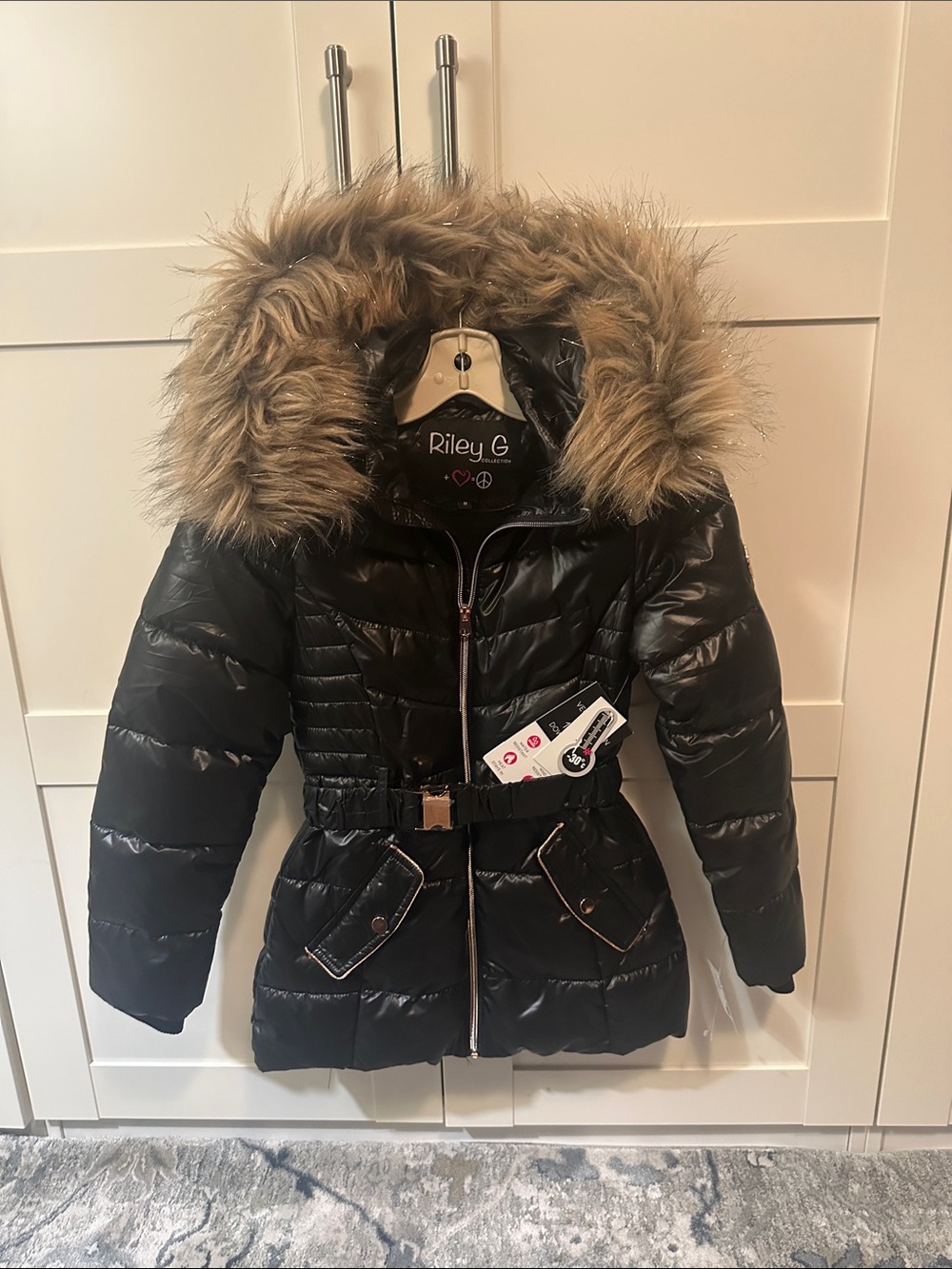 Girls' Black Puffer Coat with Faux Fur Hood